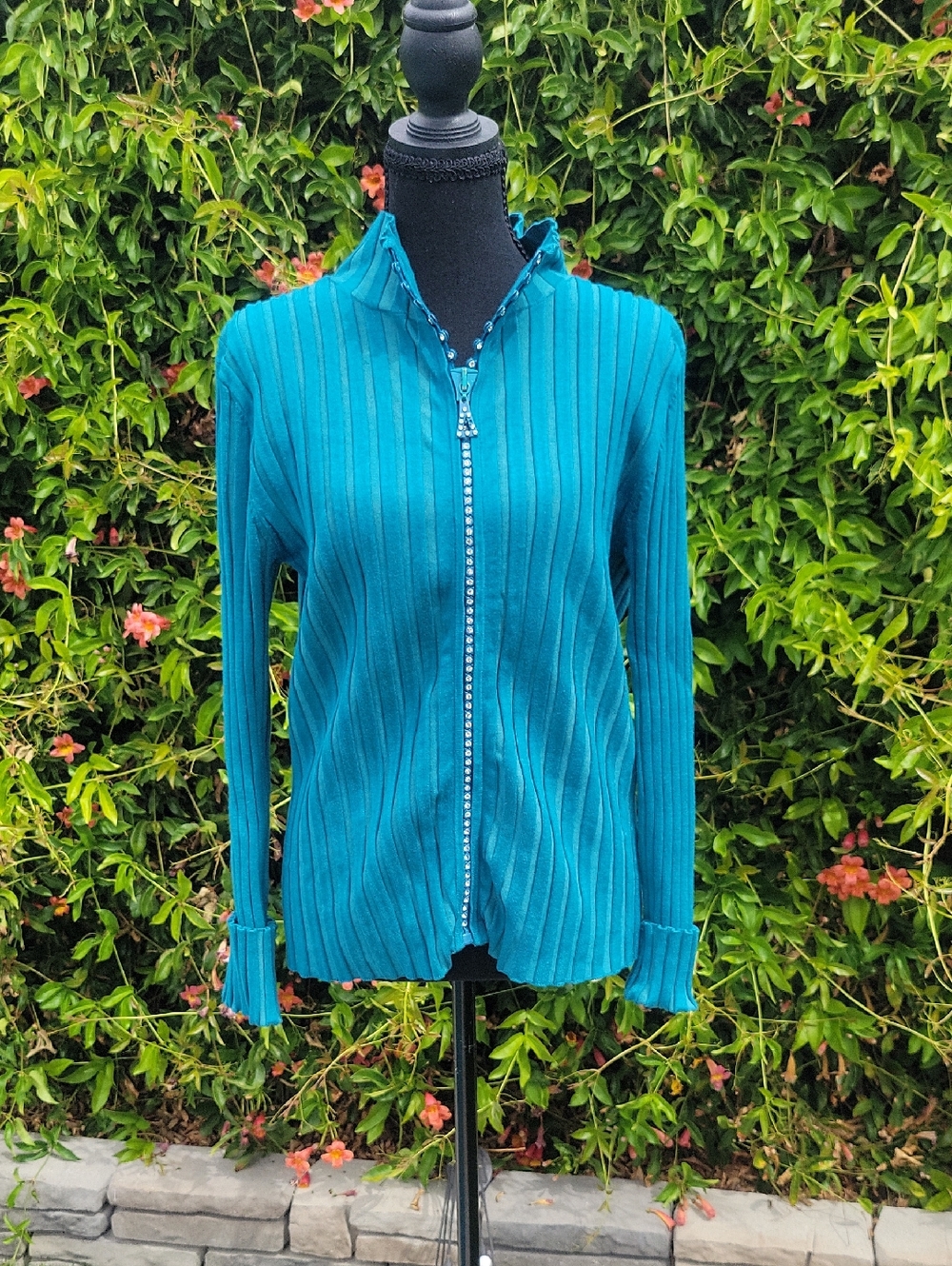 Jeweled Zip Teal Knit Ribbed Cardigan L